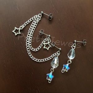 New Crystal Teardrop Star Triple Piercing Chain Earrings Set
